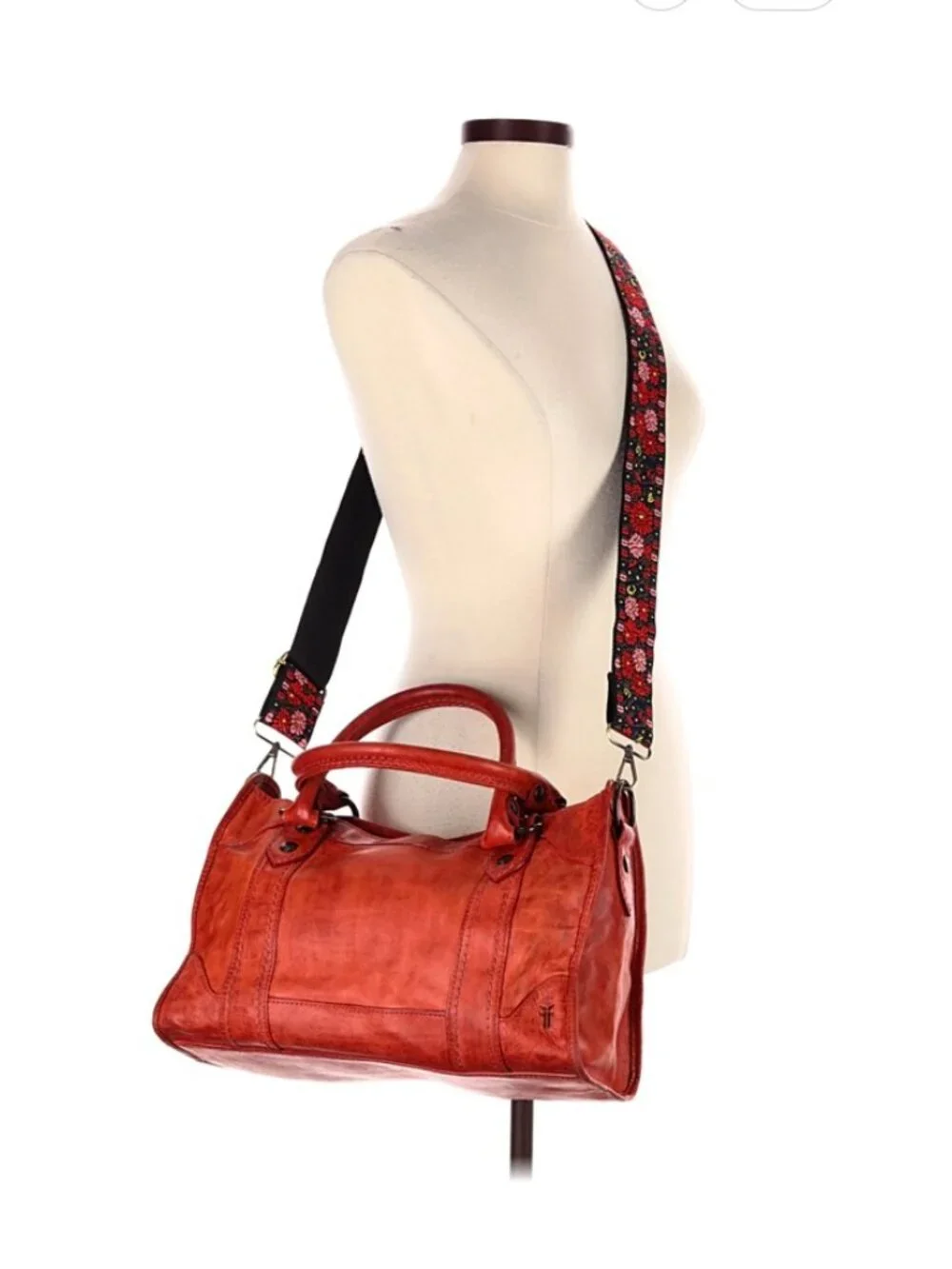 Frye Melissa Washed Leather Satchel Burnt Orange Boho Embroidered Strap EUC